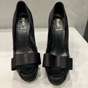 Fendi satin black peep toe bow sandal  size 37.5